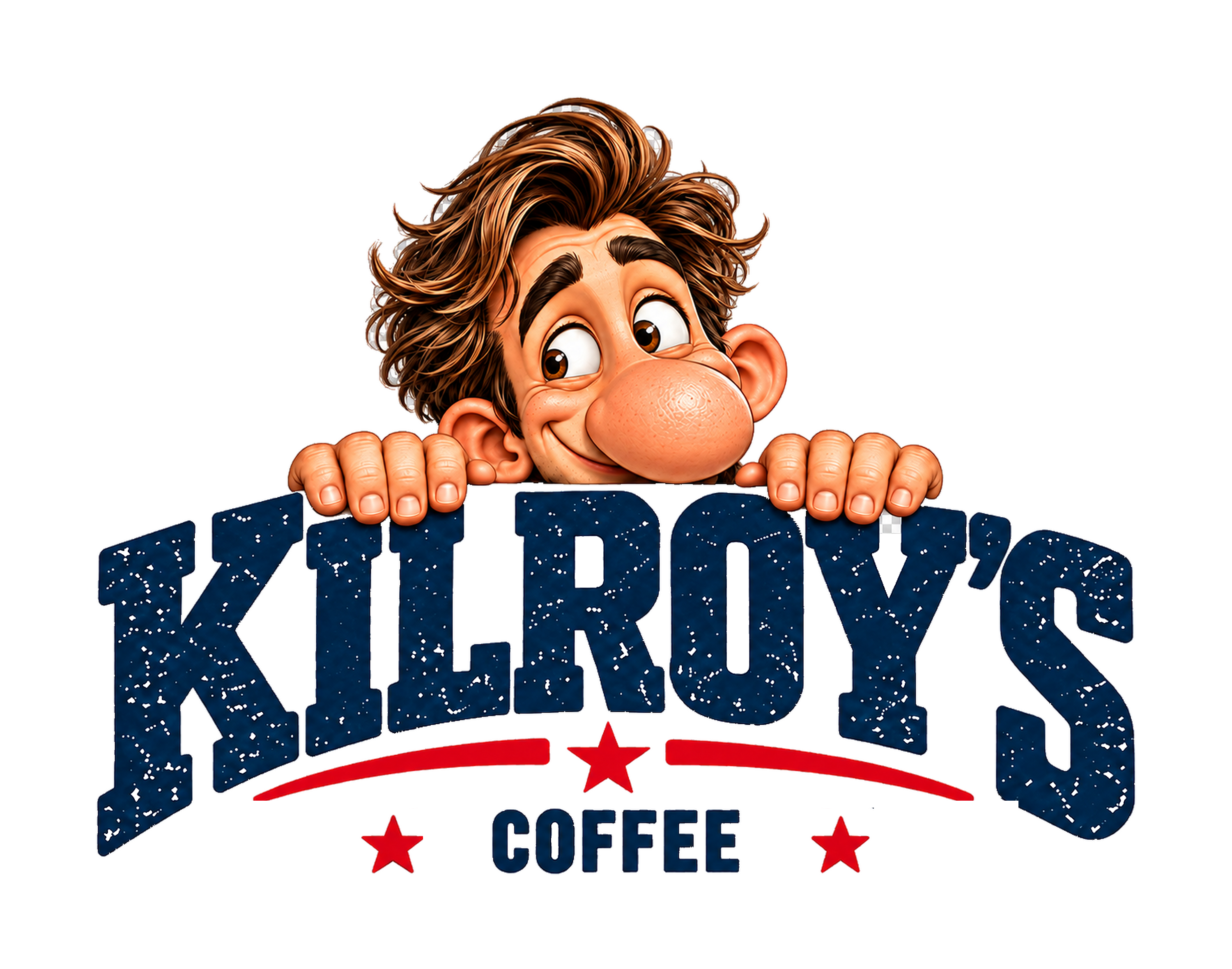 Kilroy peeking over the Kilroy’s Coffee wordmark